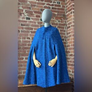 Vintage Blue Bouclé Wool Cape Hand-Loomed Cloak